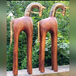 2 Charles Marcak Folk Art Carved Wood & Brass Horse Sculptures 17"×7.5"